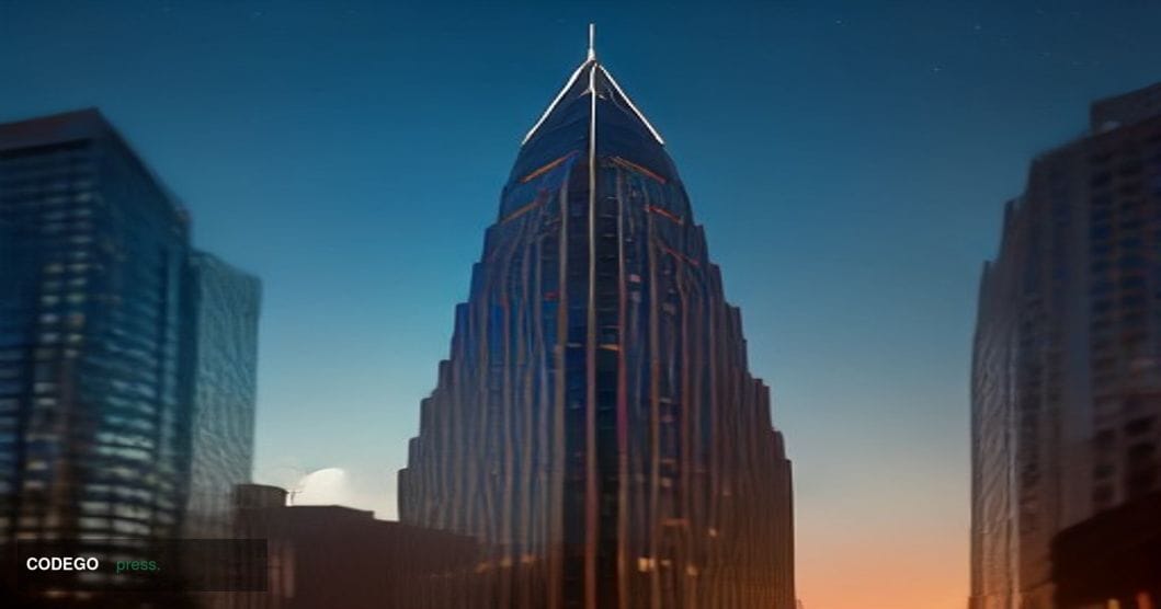 A cinematic editorial photograph set in downtown San Antonio, Texas, featuring the distinctive Frost Bank Tower — a recogniza