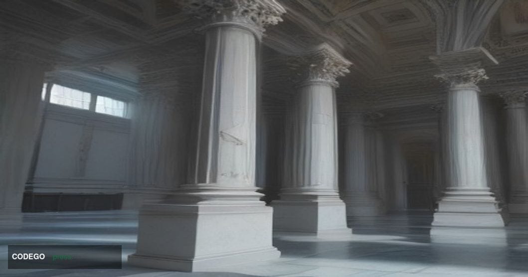 A photorealistic cinematic editorial photograph shot from a low angle looking up at the neoclassical stone facade of the Bank
