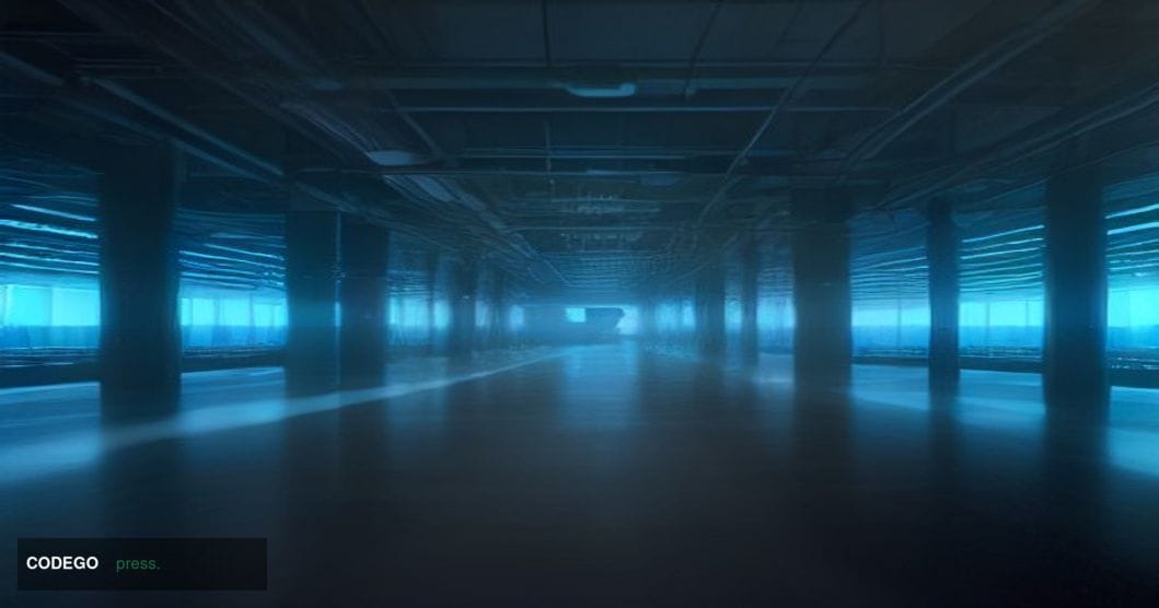 A cinematic editorial photograph set inside a vast, darkened financial data operations center, shot from a low wide-angle per