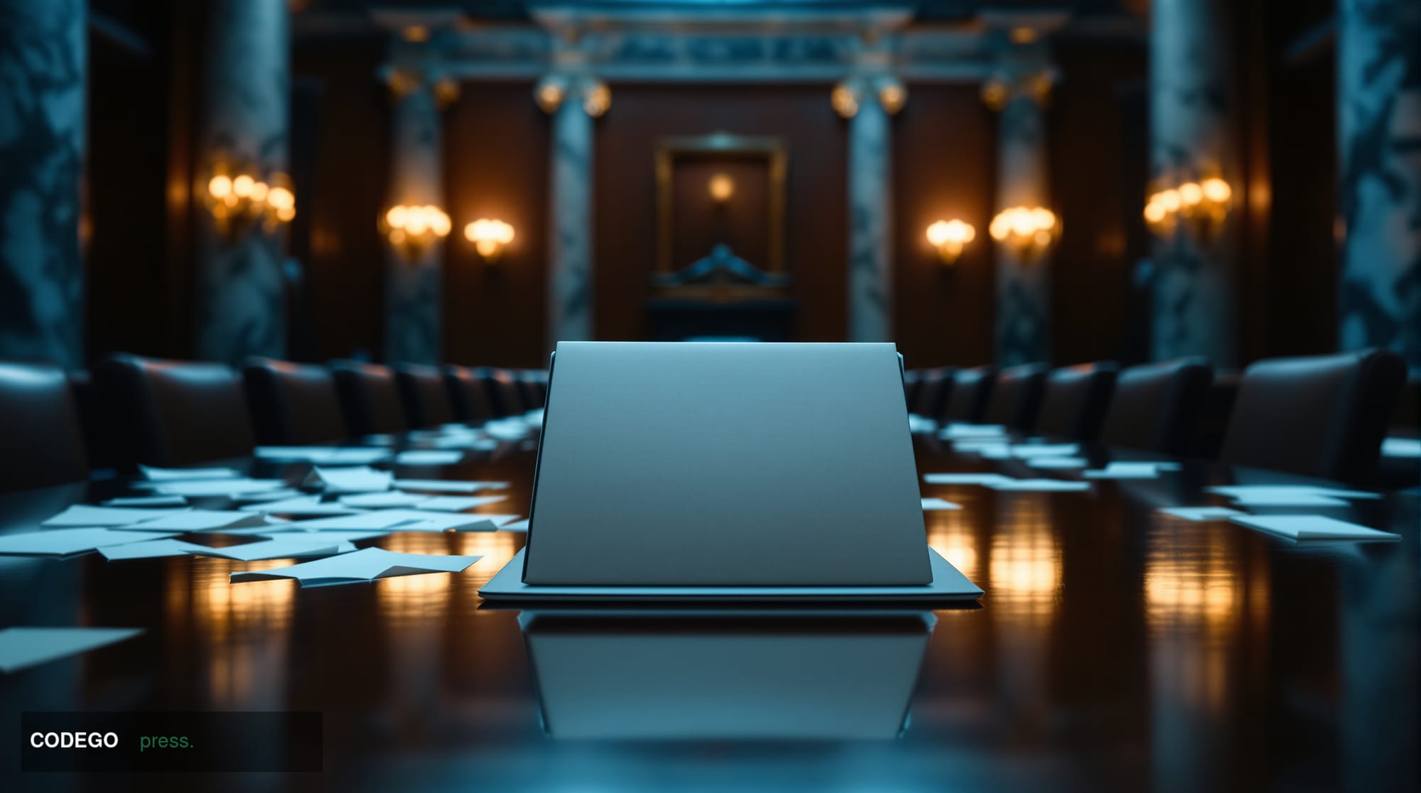 A dramatic cinematic editorial photograph set inside a vast federal government hearing room in Washington D.C., with grand ma