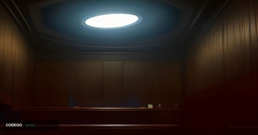 A dramatic cinematic editorial photograph set inside a grand federal regulatory hearing chamber in Washington D.C., viewed fr