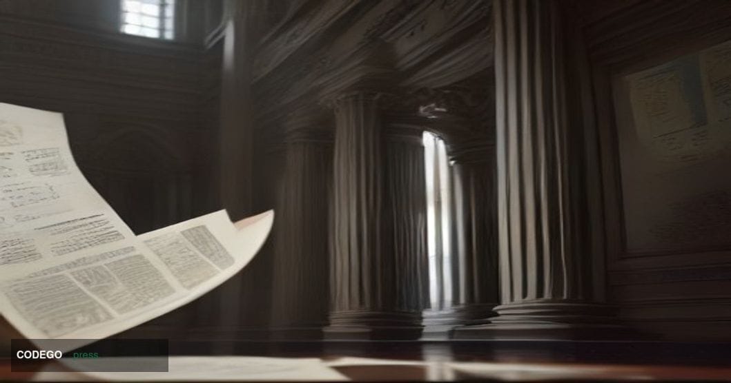 A dramatic close-up editorial photograph set inside a federal courthouse corridor in Wilmington, Delaware, where FTX's bankru