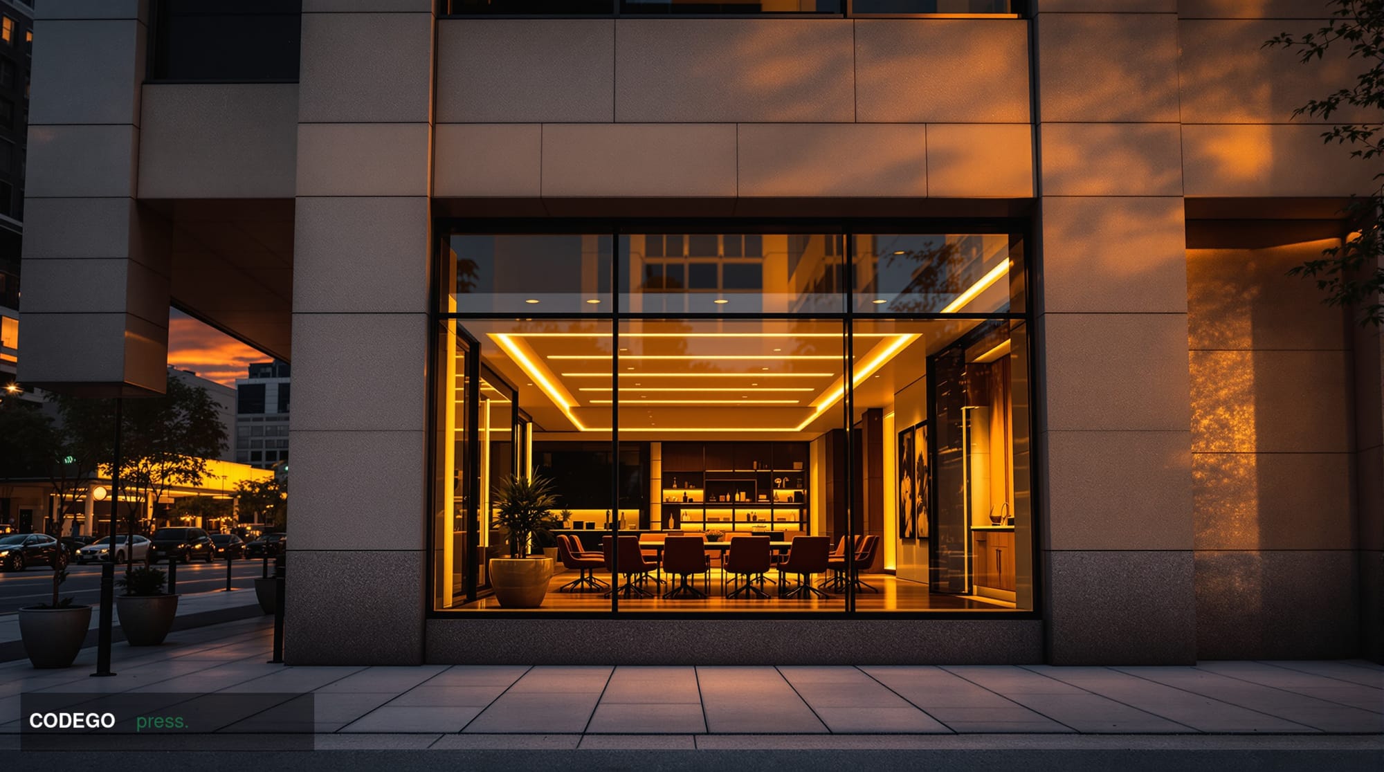 A cinematic editorial photograph of a sunlit Texas downtown financial district at golden hour, featuring a mid-rise glass and