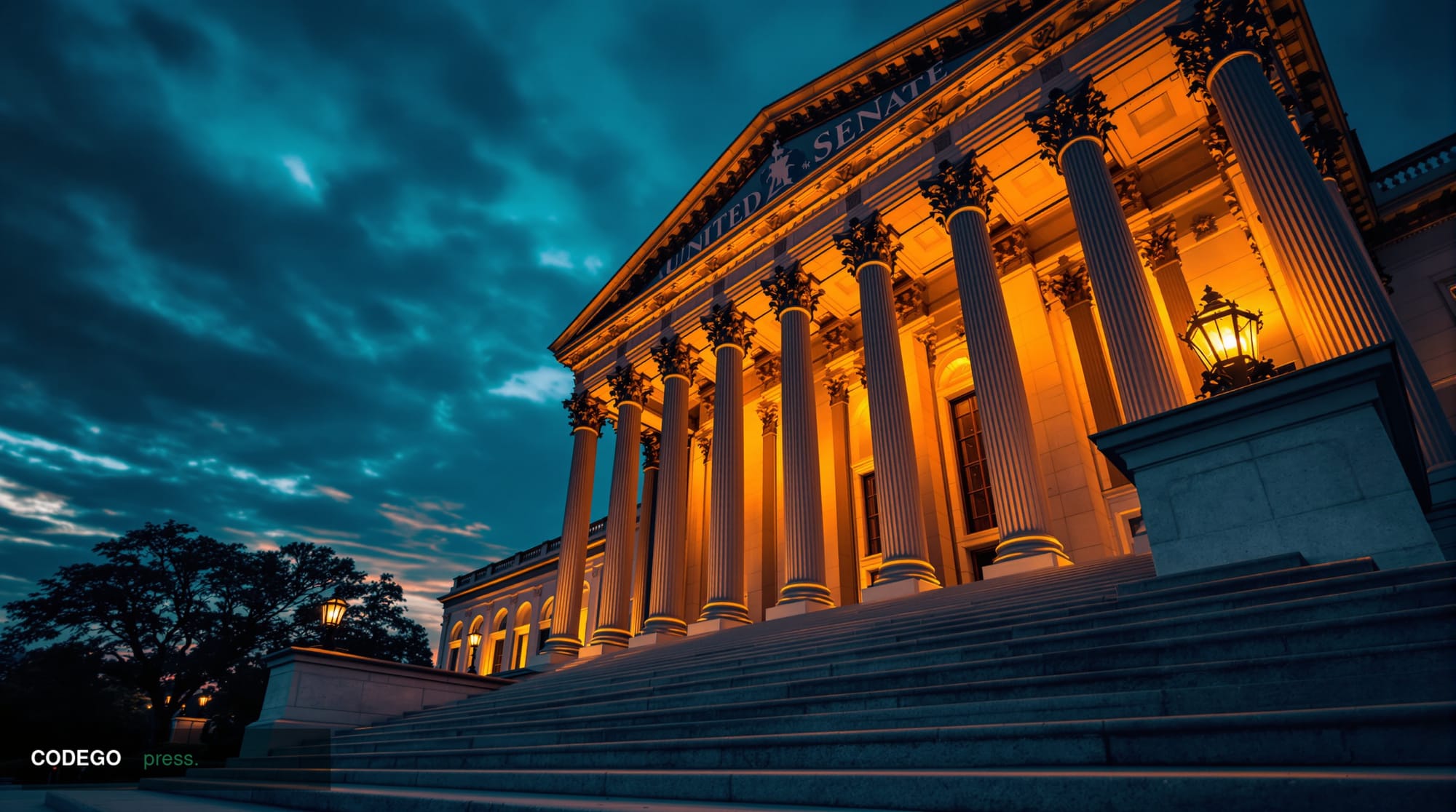 A wide-angle cinematic shot of the United States Senate chamber exterior at dusk, the neoclassical marble columns casting lon