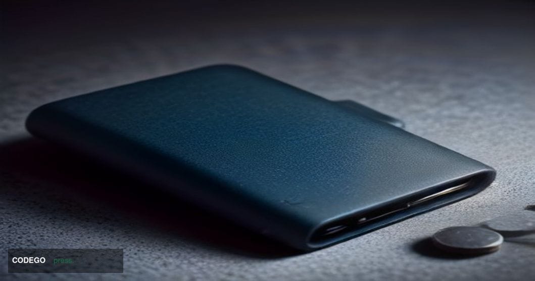 A cinematic editorial photograph of a physical Coldcard hardware wallet device resting on a cold steel surface, illuminated b