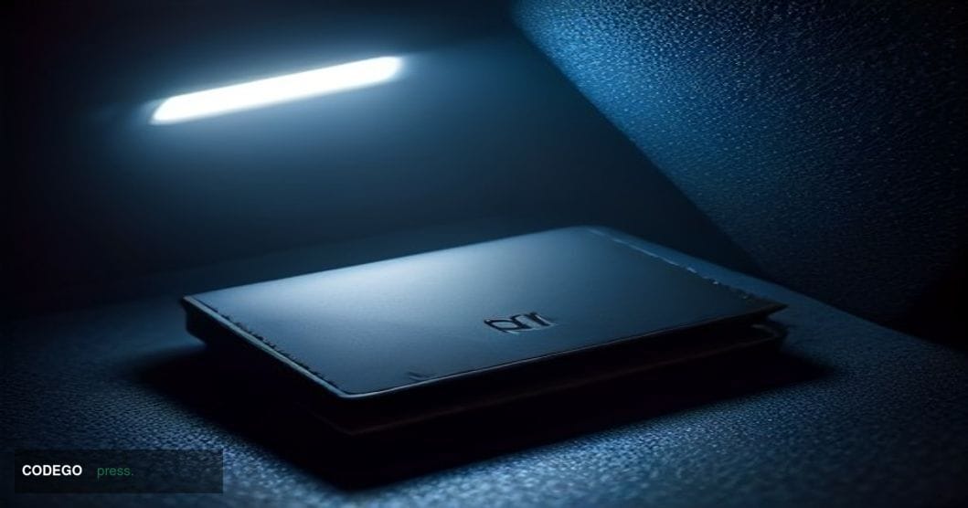 A photorealistic cinematic editorial photograph depicting a physical hardware cryptocurrency wallet device resting on a dark 