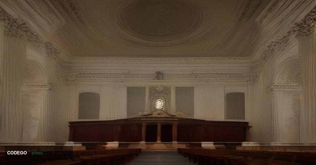 A cinematic editorial photograph set inside a federal regulatory hearing room in Washington D.C., with the U.S. Capitol dome 
