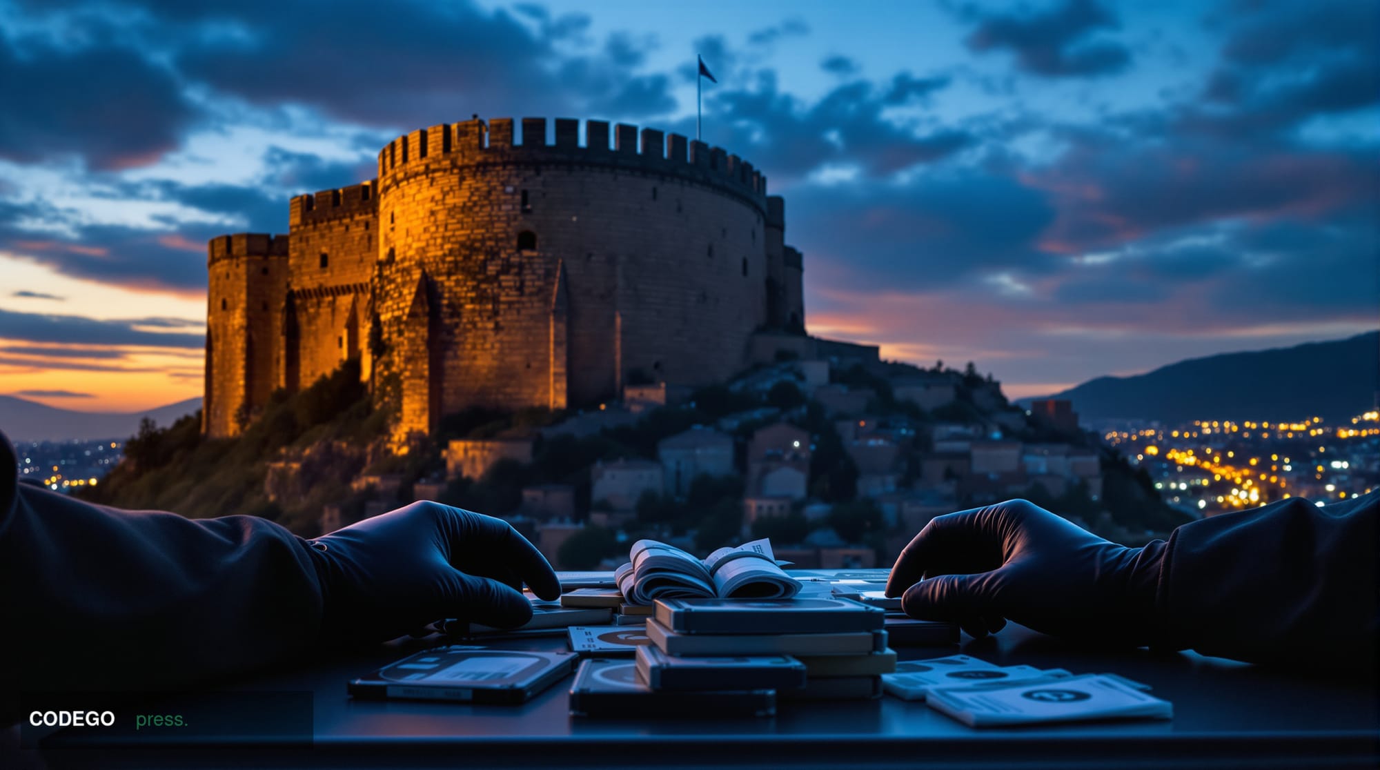 A cinematic editorial photograph set in Tbilisi, Georgia, with the iconic Narikala fortress silhouetted against a dramatic du