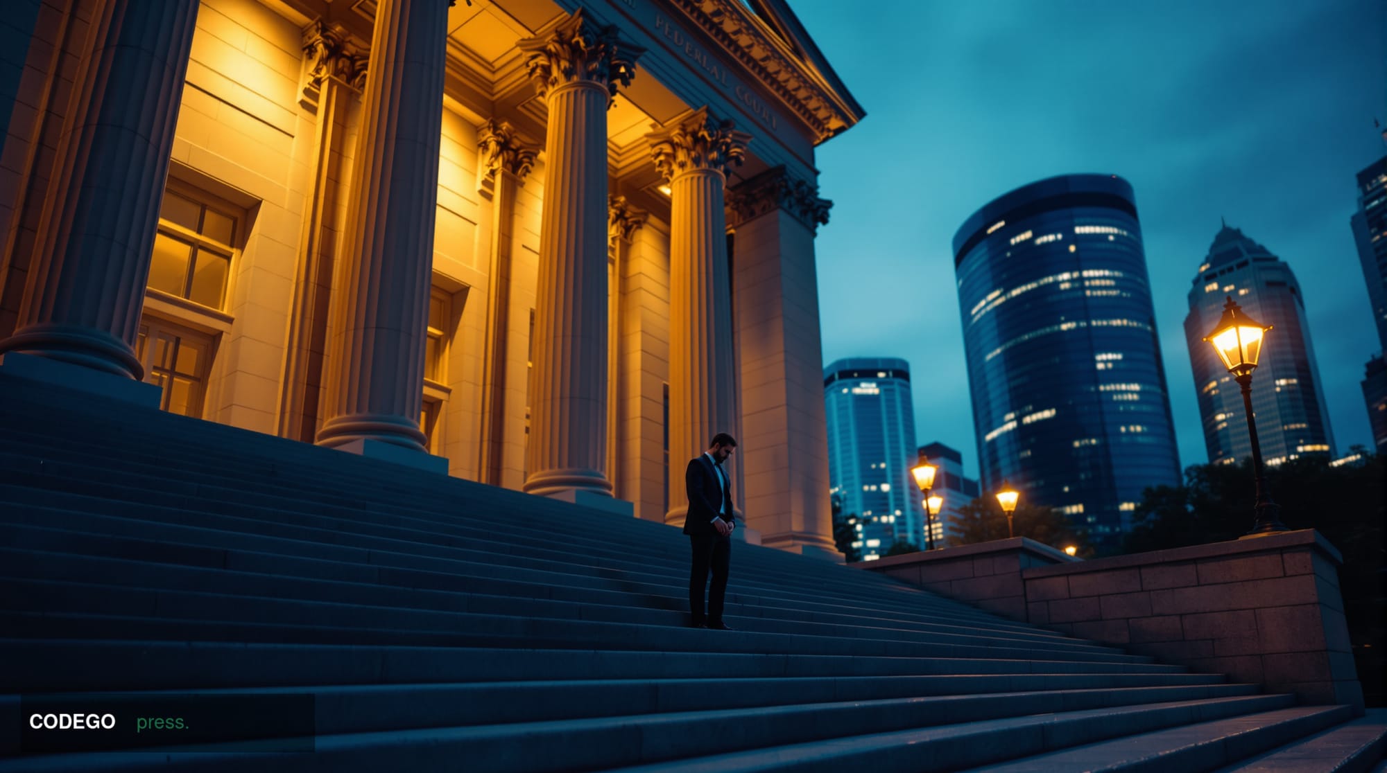 A cinematic editorial photograph set in a federal courthouse exterior in Atlanta, Georgia, captured at dusk with dramatic chi
