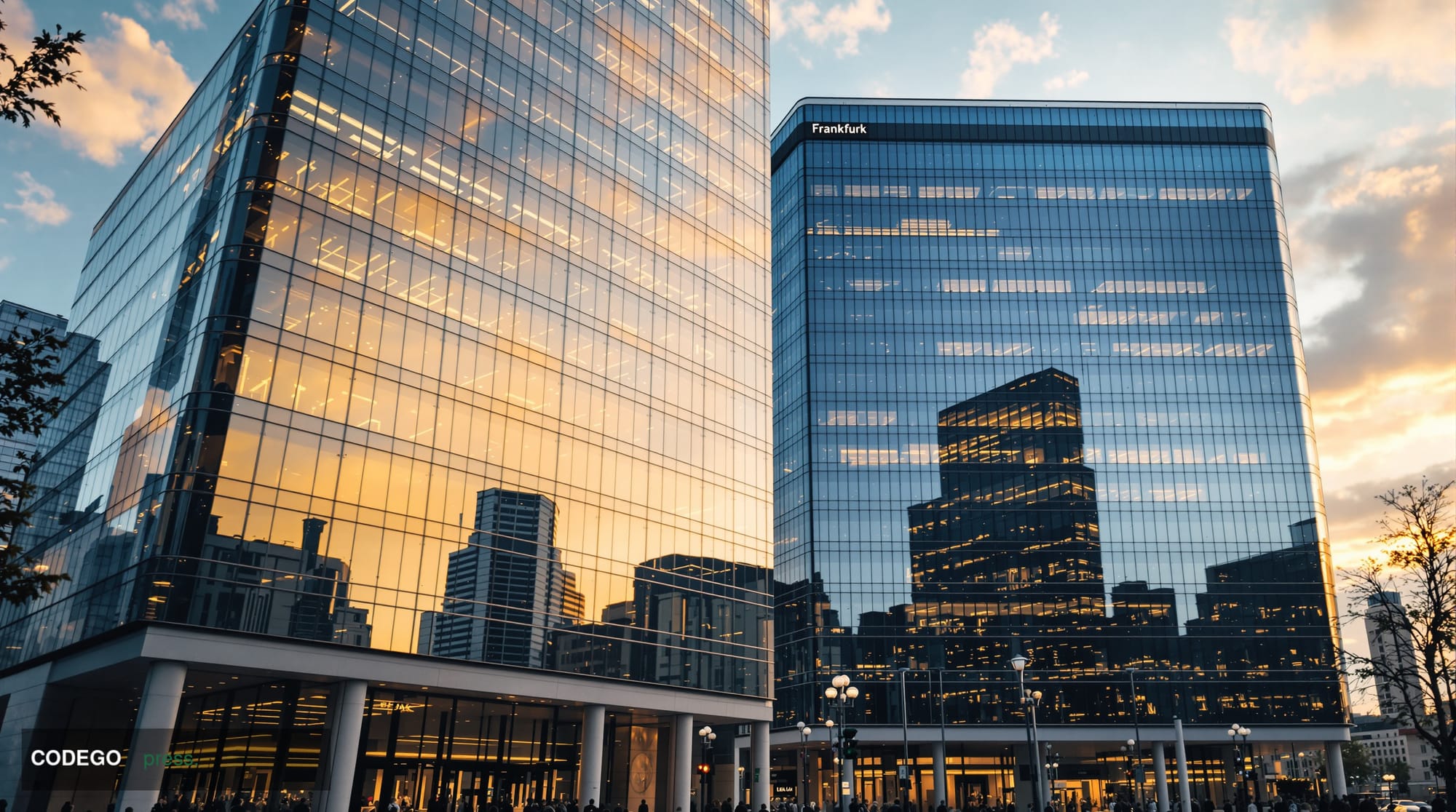 A cinematic editorial photograph depicting two imposing European bank headquarters facades — one reflecting the austere moder