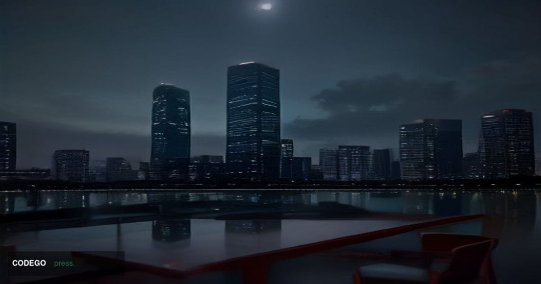A cinematic editorial photograph set in Bangkok's financial district, with the iconic skyline of modern glass towers reflecte