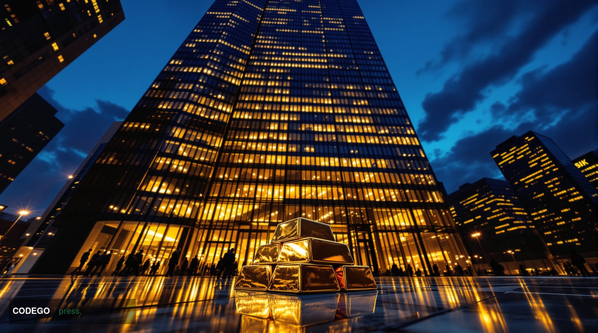 A dramatic low-angle cinematic photograph of the Goldman Sachs headquarters tower in lower Manhattan at dusk, its glass curta