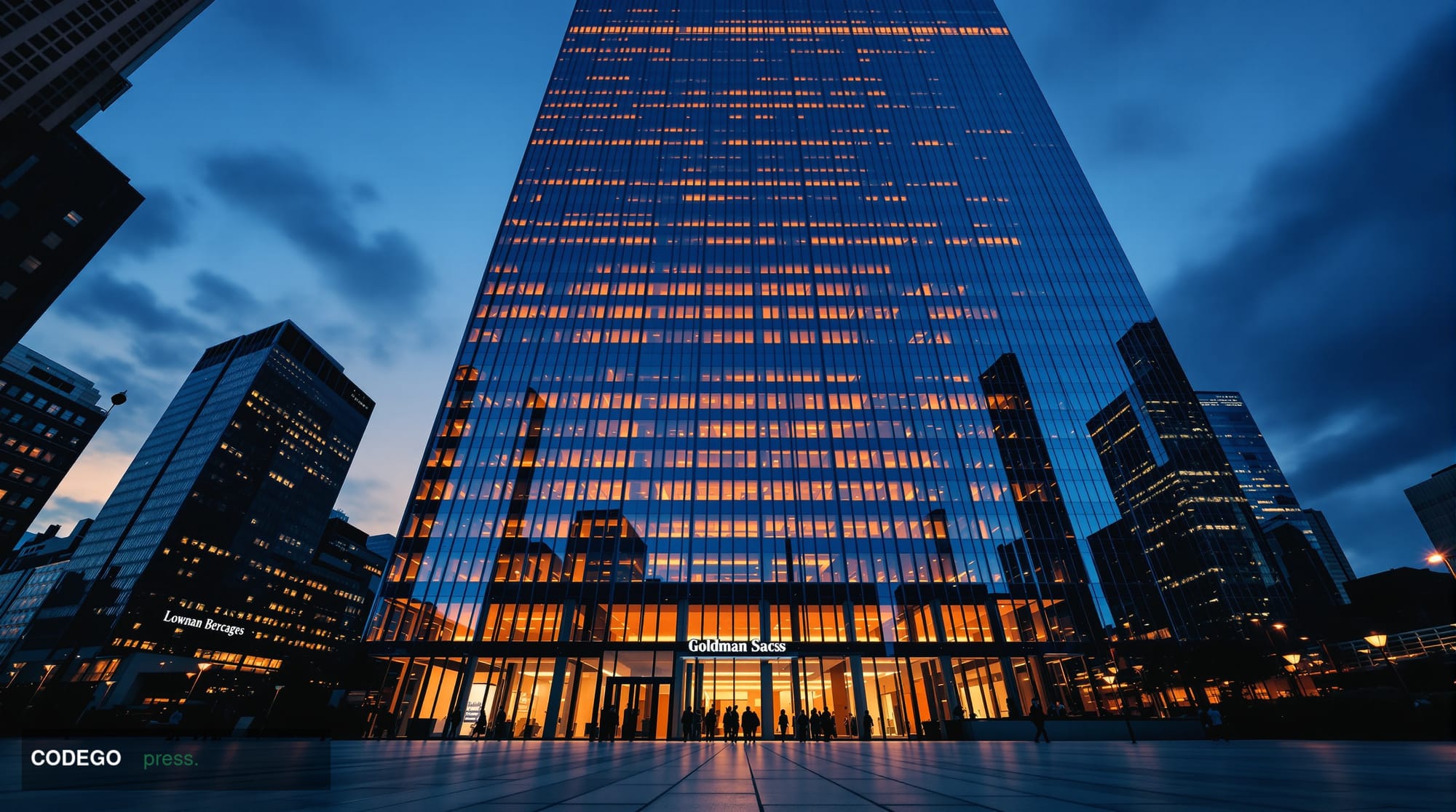 A sweeping exterior shot of Goldman Sachs' iconic Lower Manhattan headquarters at dusk, its glass and steel facade reflecting