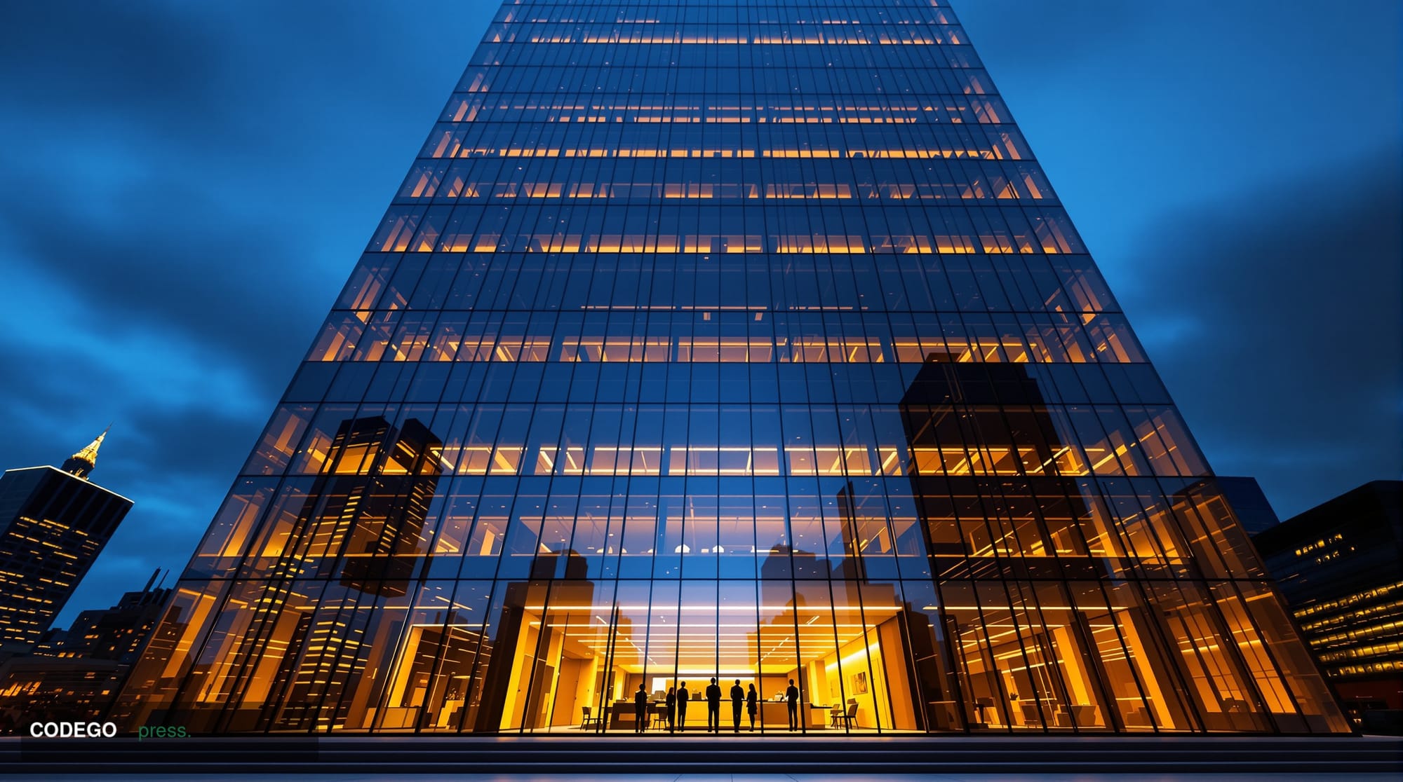 A cinematic editorial photograph of a monumental glass-and-steel financial tower on Lower Manhattan's skyline at dusk, shot f