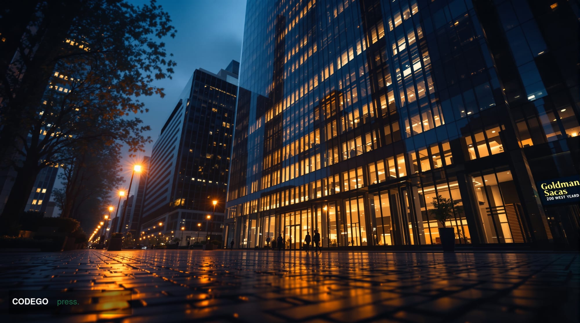 A photorealistic cinematic editorial photograph of the Goldman Sachs headquarters tower at 200 West Street in Lower Manhattan