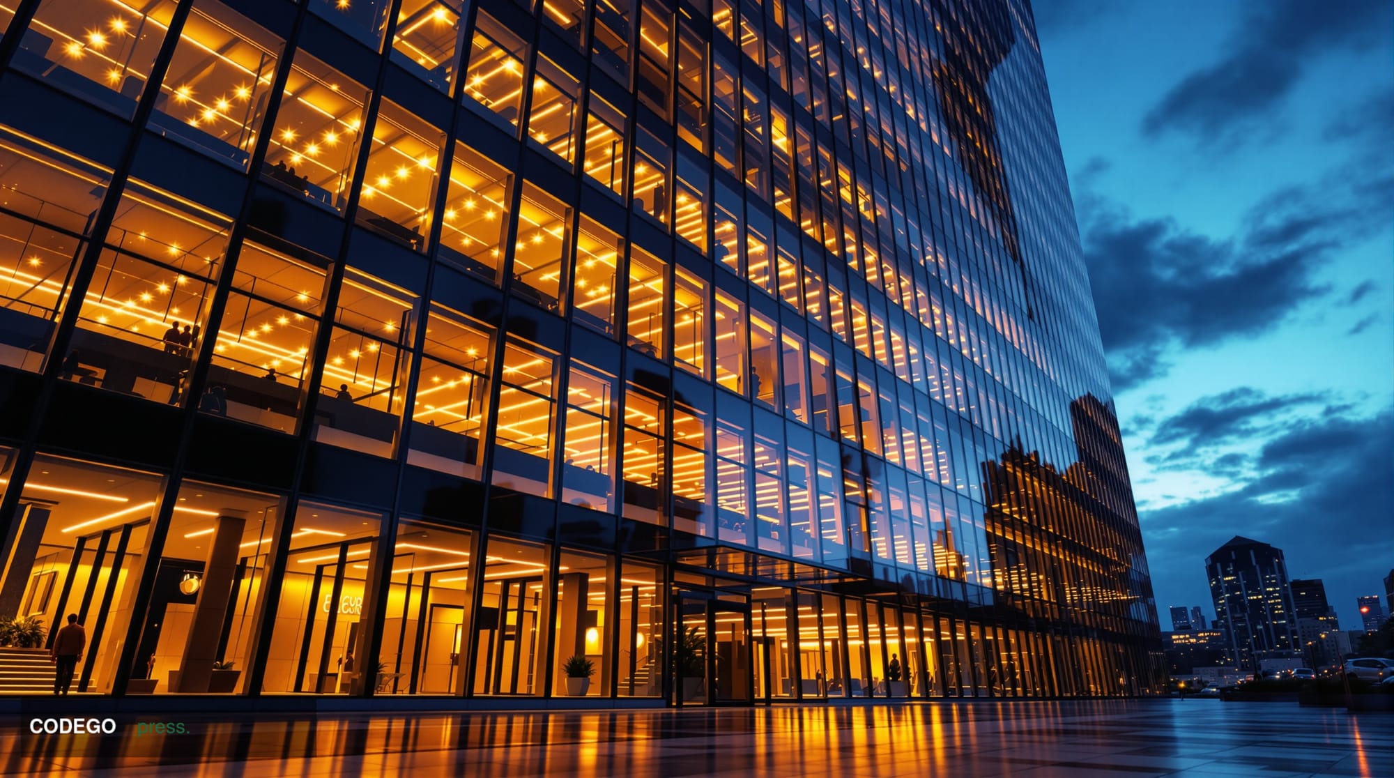 A cinematic editorial photograph of a monumental glass-and-steel financial district tower shot from a low angle at dusk, repr