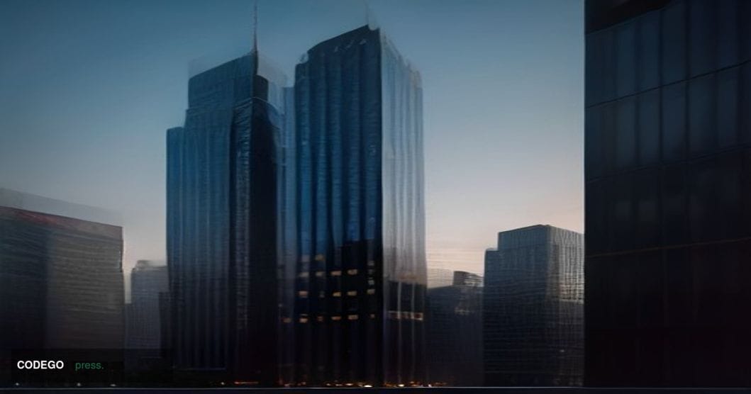 A cinematic editorial photograph of a towering glass-and-steel financial district skyscraper at dusk, representing the inters