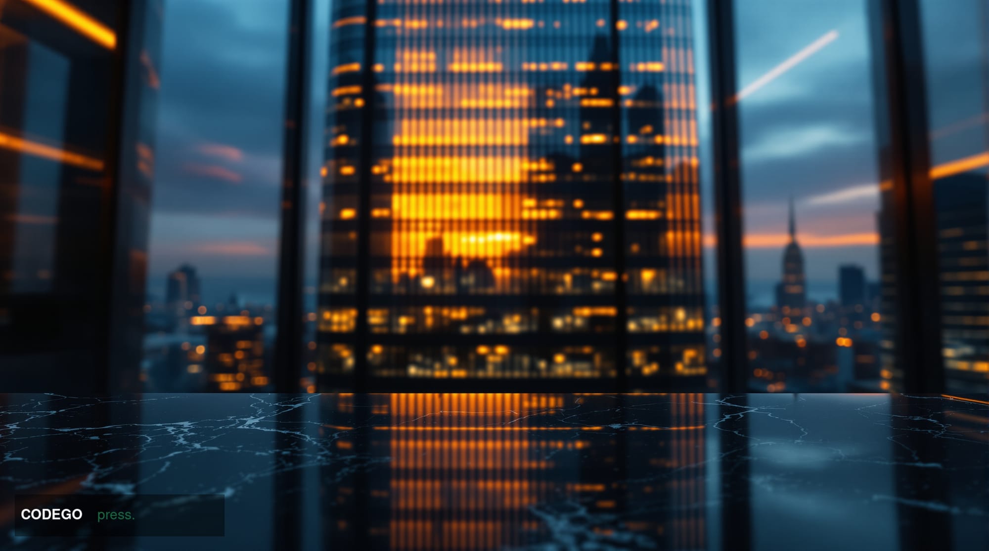 A dramatic cinematic editorial photograph of a towering glass-and-steel corporate skyscraper in lower Manhattan's financial d