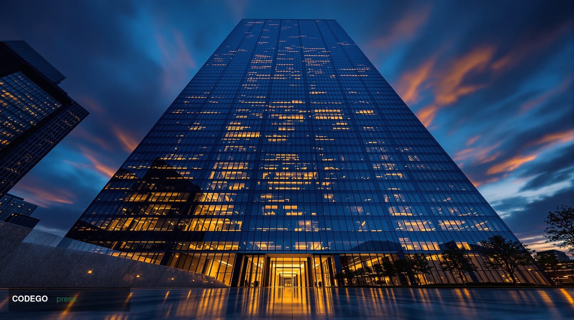 A dramatic cinematic editorial photograph of a towering glass-and-steel financial district skyscraper photographed from a low