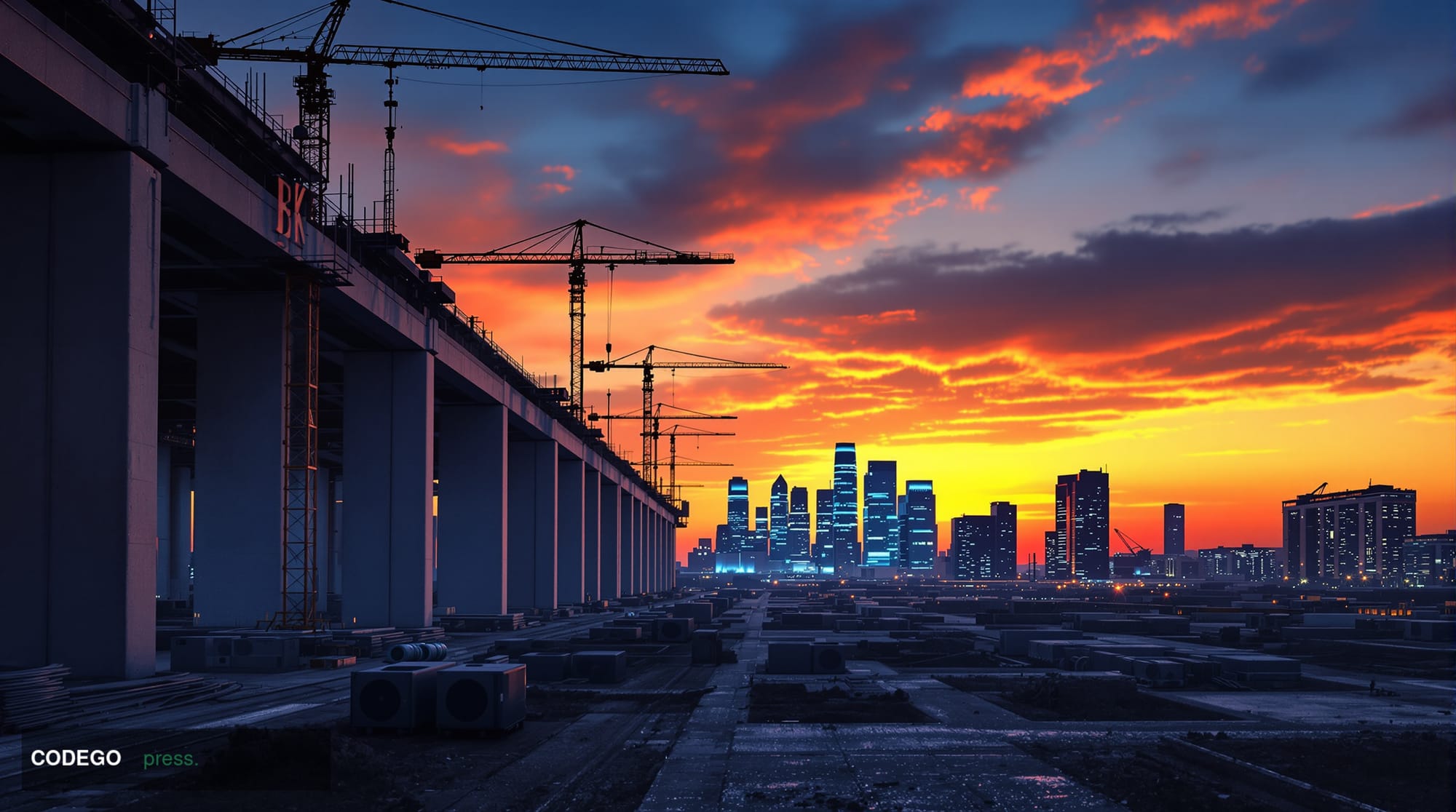 A dramatic wide-angle cinematic shot of a monumental data center complex under construction at dusk, photographed from ground