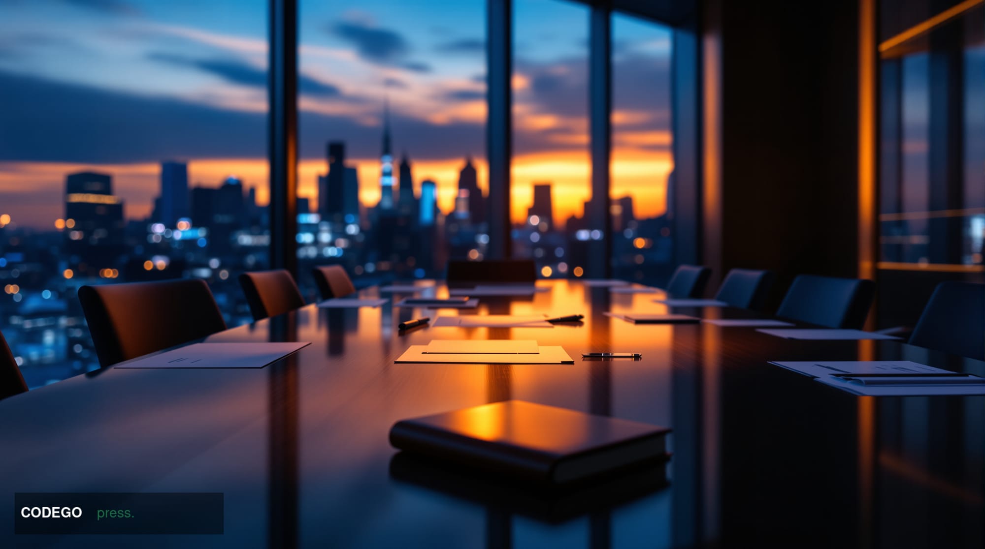 A cinematic editorial photograph capturing a sleek, modernist financial research office interior at twilight, shot from a low