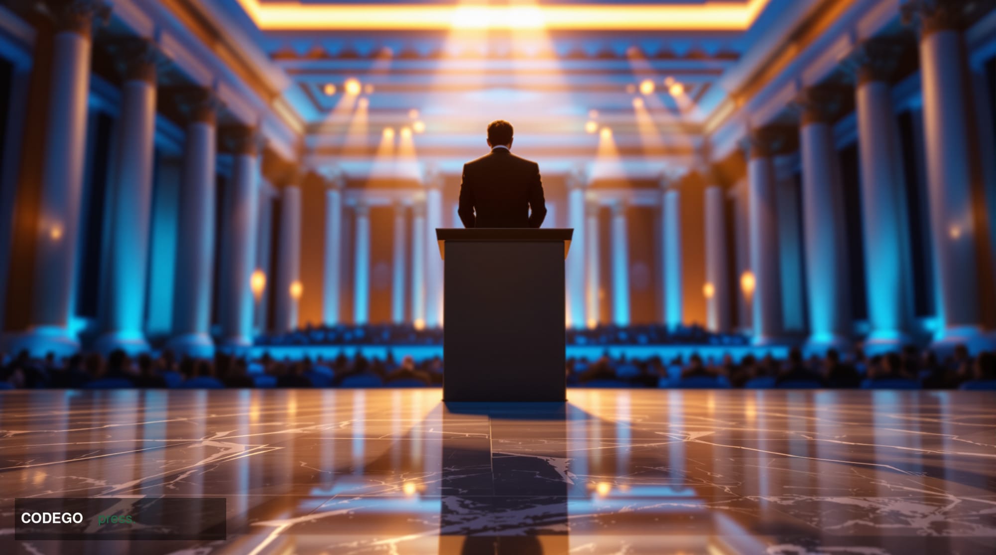 A high-level European banking summit interior captured from a low angle looking toward an elevated speaker's podium bathed in