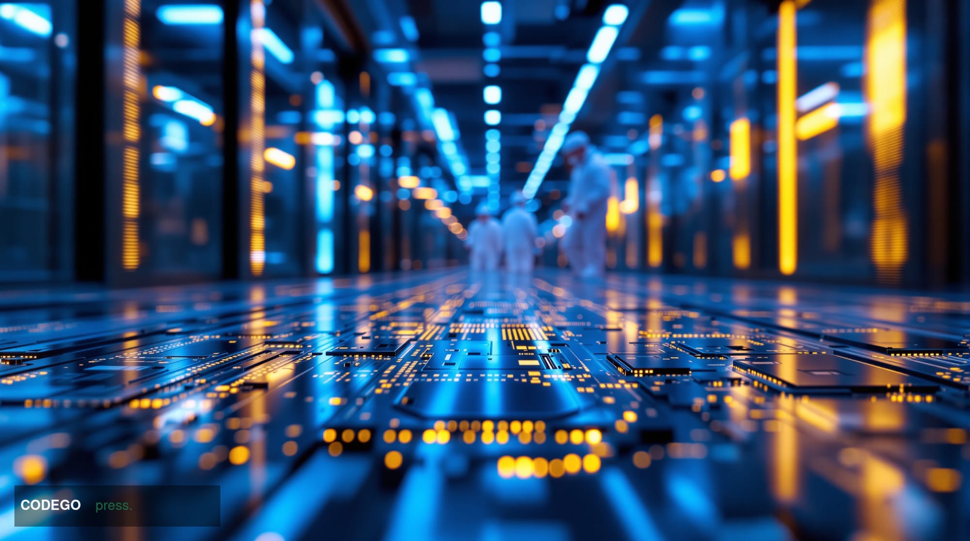 A cinematic editorial photograph of a cutting-edge semiconductor fabrication facility interior, shot from a low angle looking