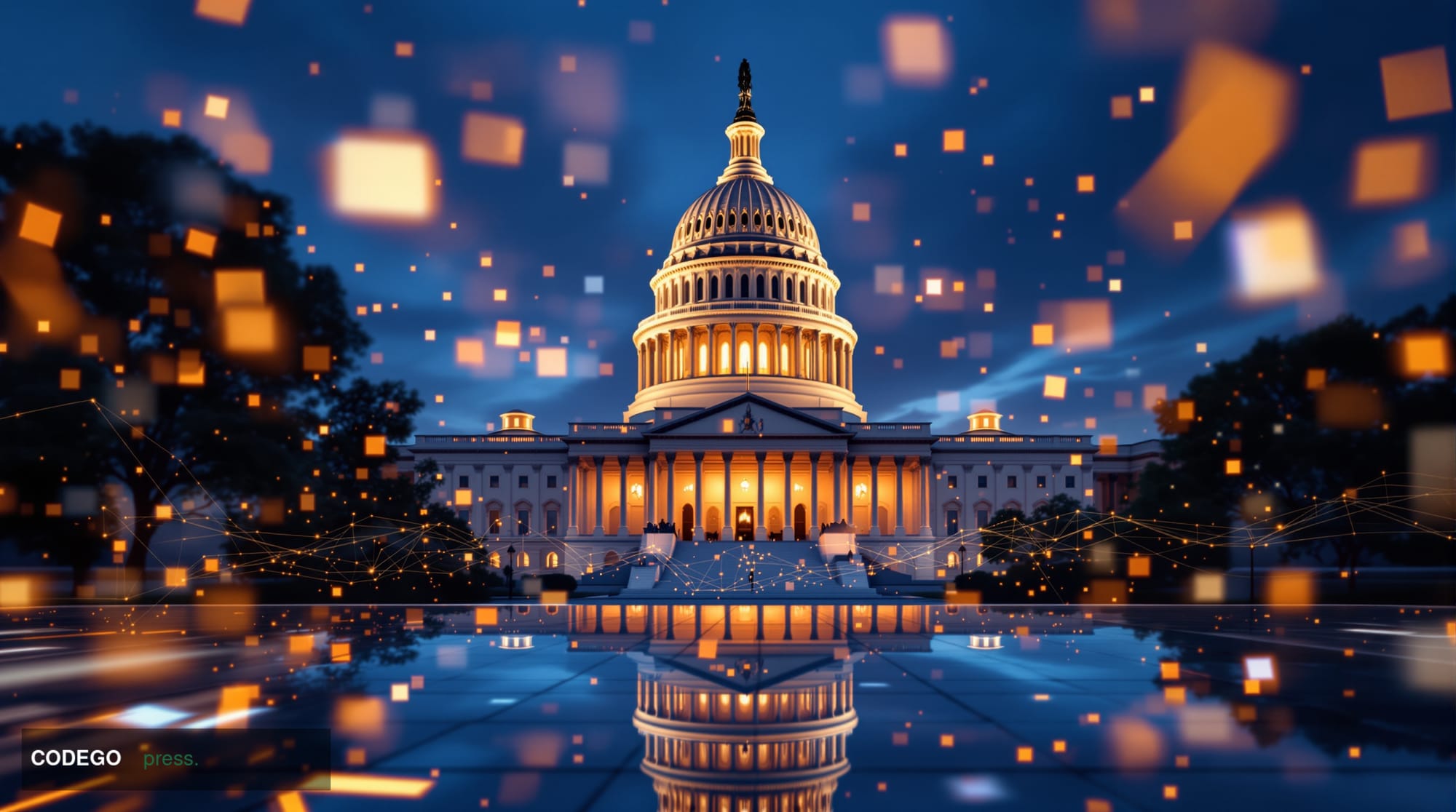 A grand neoclassical United States Capitol building exterior photographed at dusk from a low-angle perspective, the dome dram