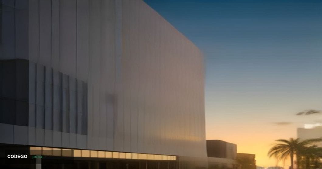 A cinematic editorial photograph of a Florida credit union branch exterior rendered as a sleek modern glass-and-concrete low-