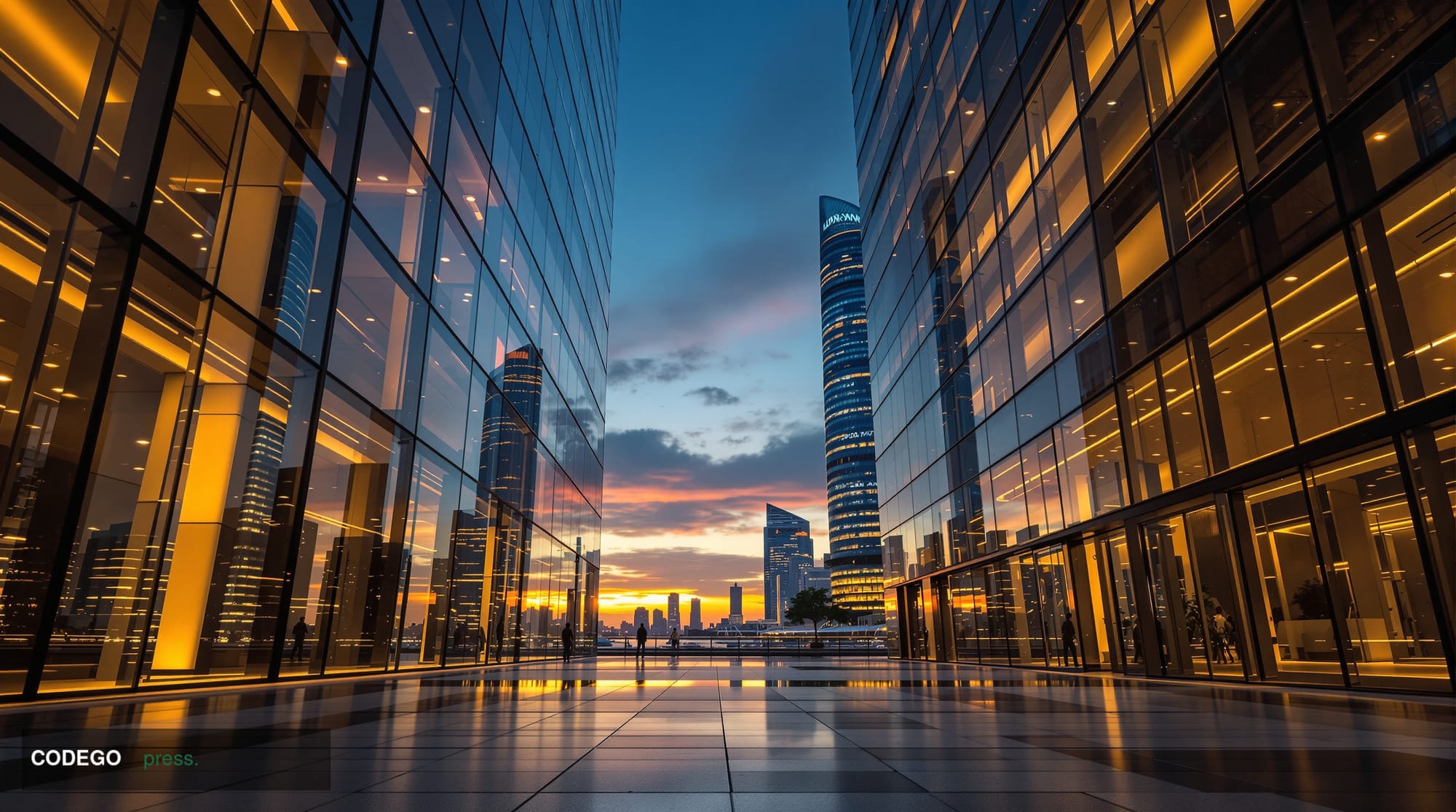 A cinematic editorial photograph of the Singapore Central Business District financial skyline at dusk, shot from a low ground