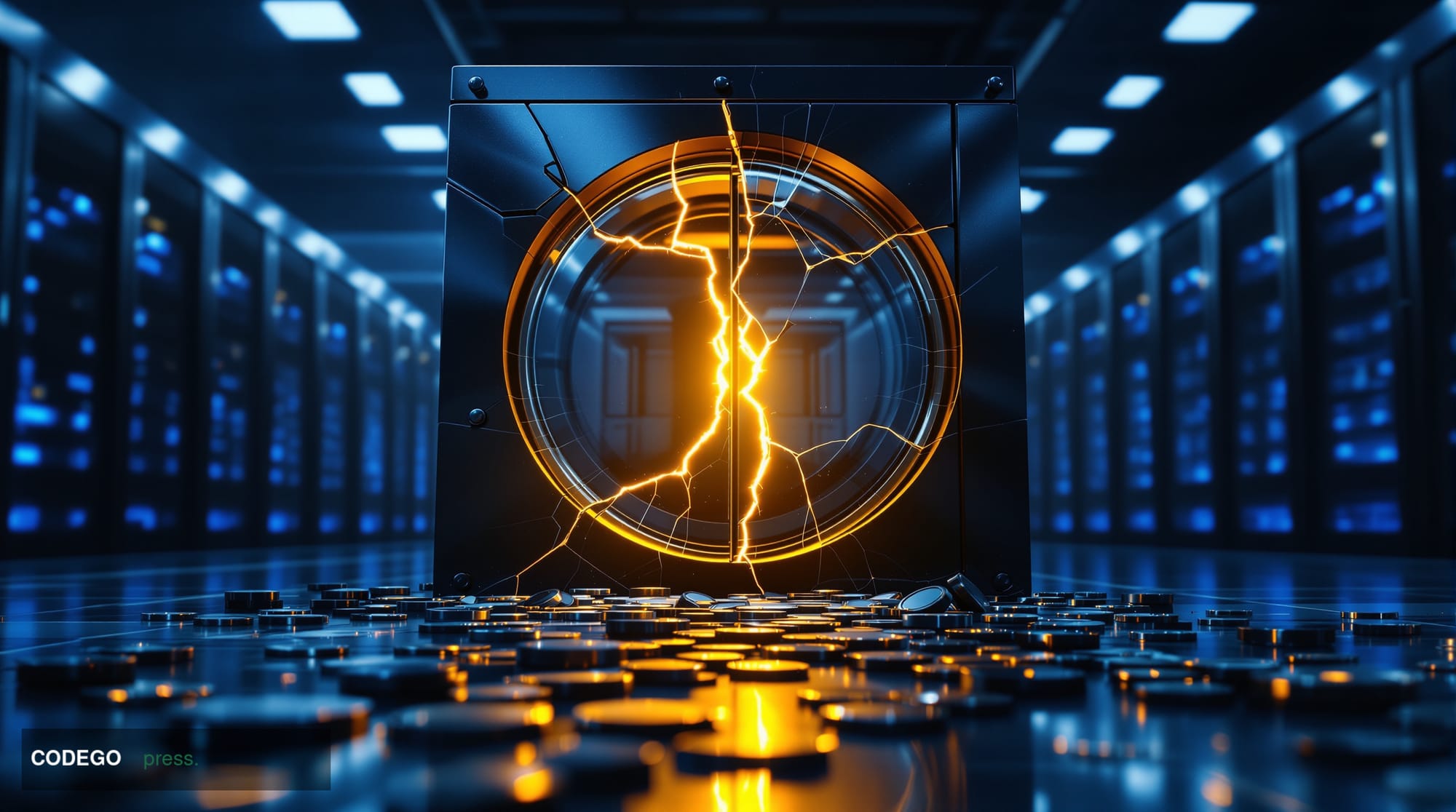 A dramatic cinematic editorial photograph of a fractured digital vault rendered as a physical steel and glass structure, set 