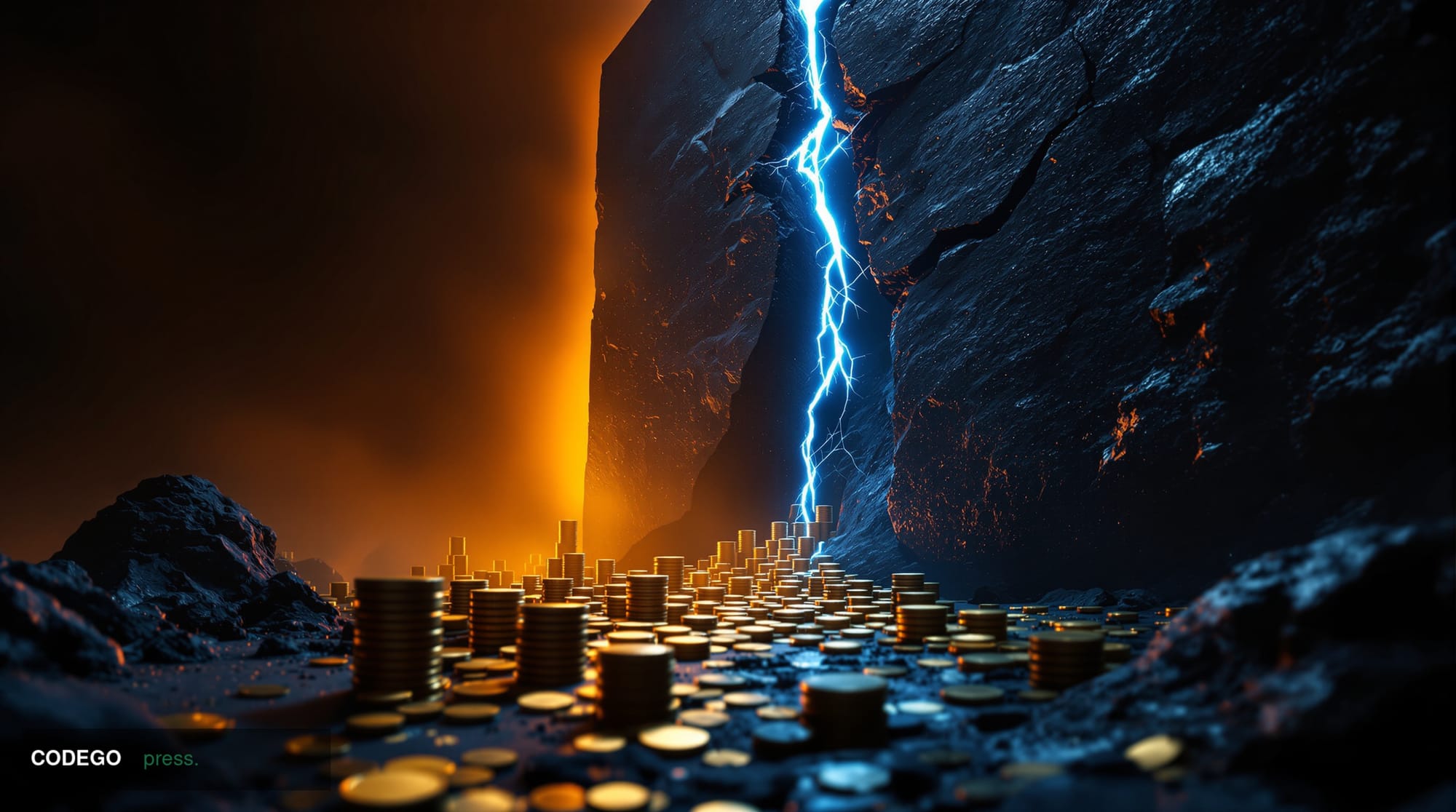 A dramatic cinematic wide-angle shot of a fractured digital ledger represented as a massive slab of dark obsidian stone crack