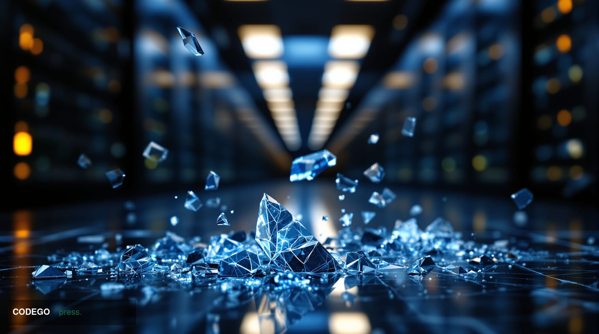 A dramatic cinematic close-up of shattered tempered glass fragments suspended mid-air against a deep obsidian background, wit