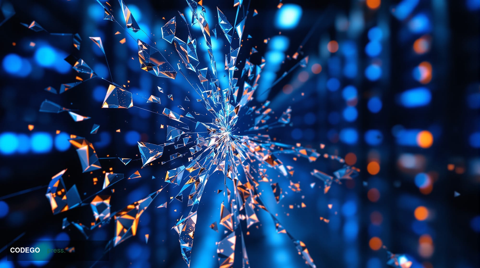 A dramatic close-up of a fractured glass panel etched with hexagonal blockchain node patterns, representing a shattered distr