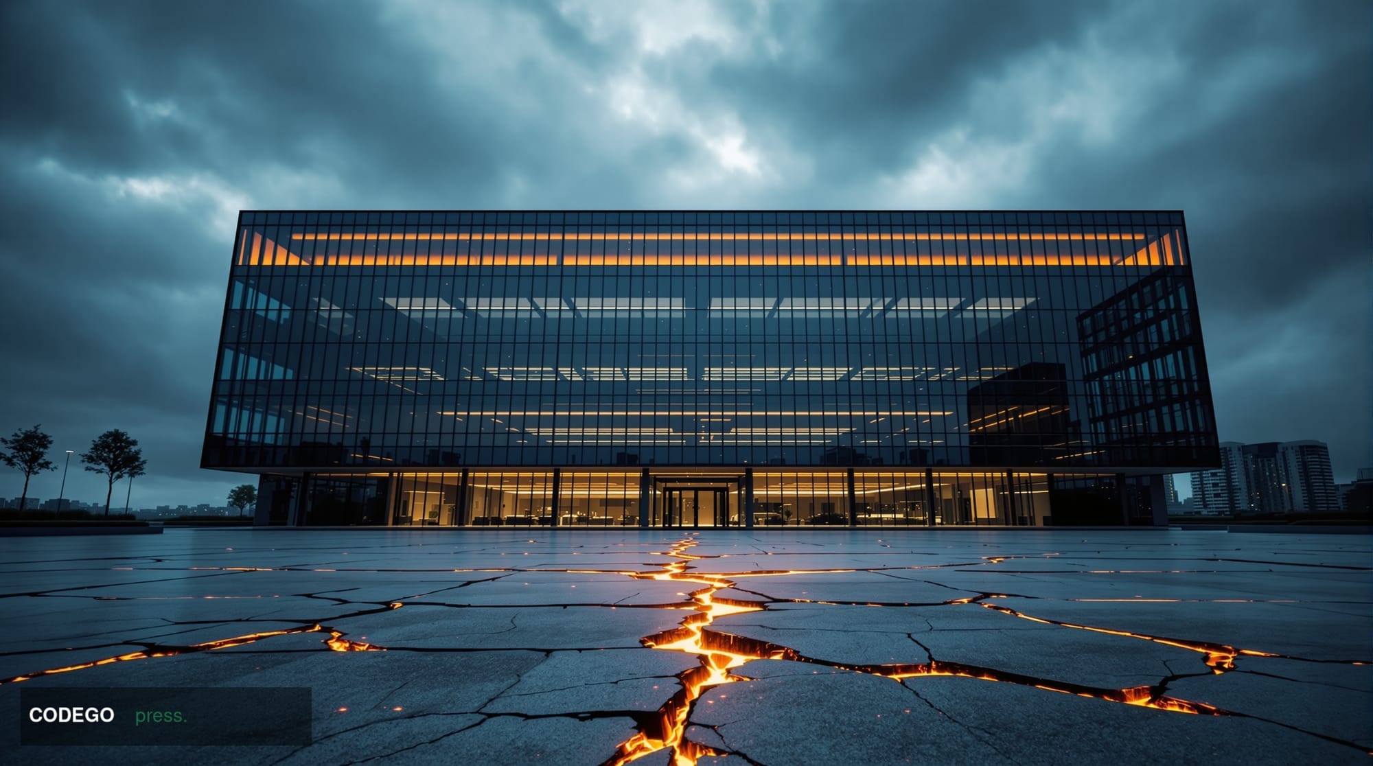 A dramatic cinematic editorial photograph taken at a low angle looking up at a sleek glass-and-steel blockchain technology co