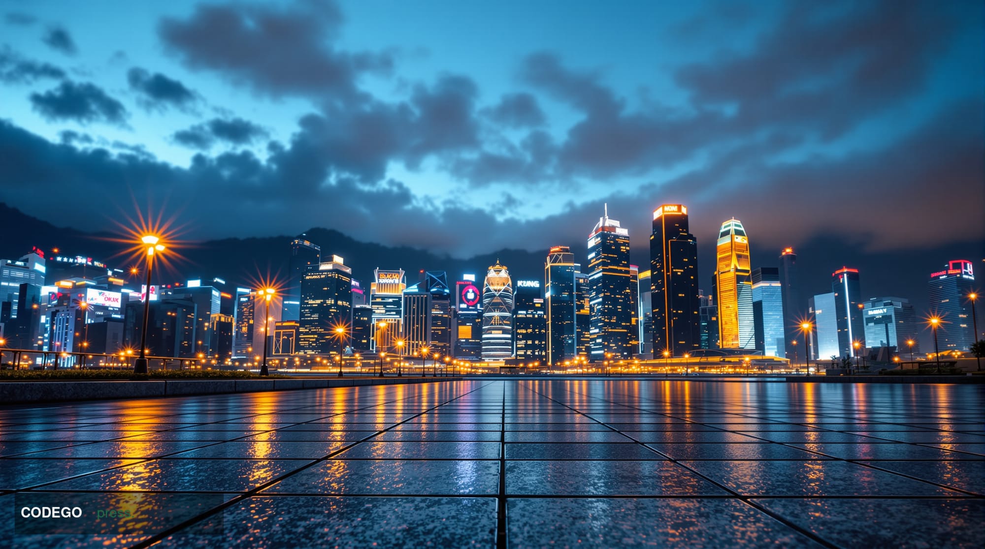 A cinematic editorial photograph of Hong Kong's iconic Central financial district skyline at dusk, viewed from the harbour wa