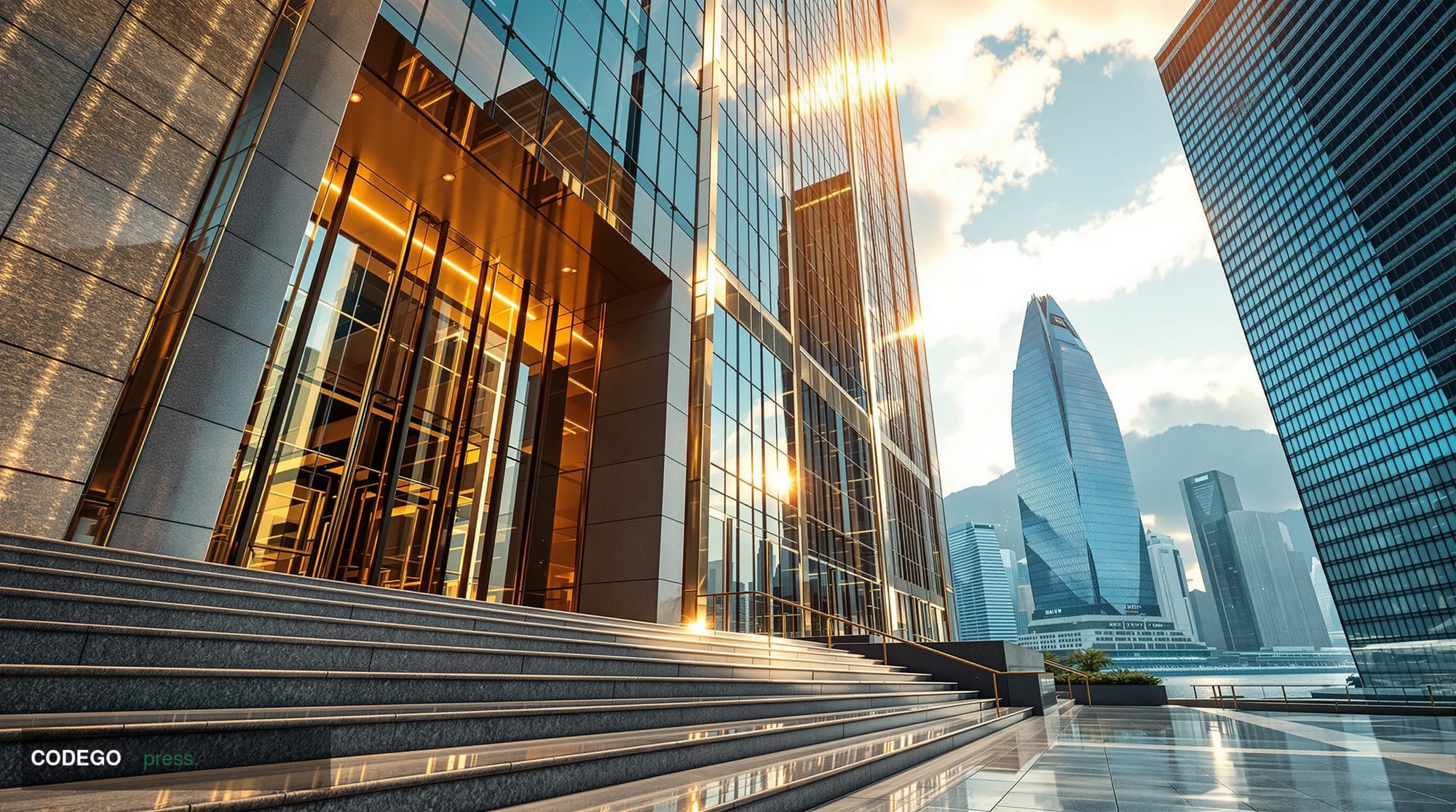 A dramatic cinematic editorial photograph taken from a low angle looking upward at the towering glass and steel facade of a m
