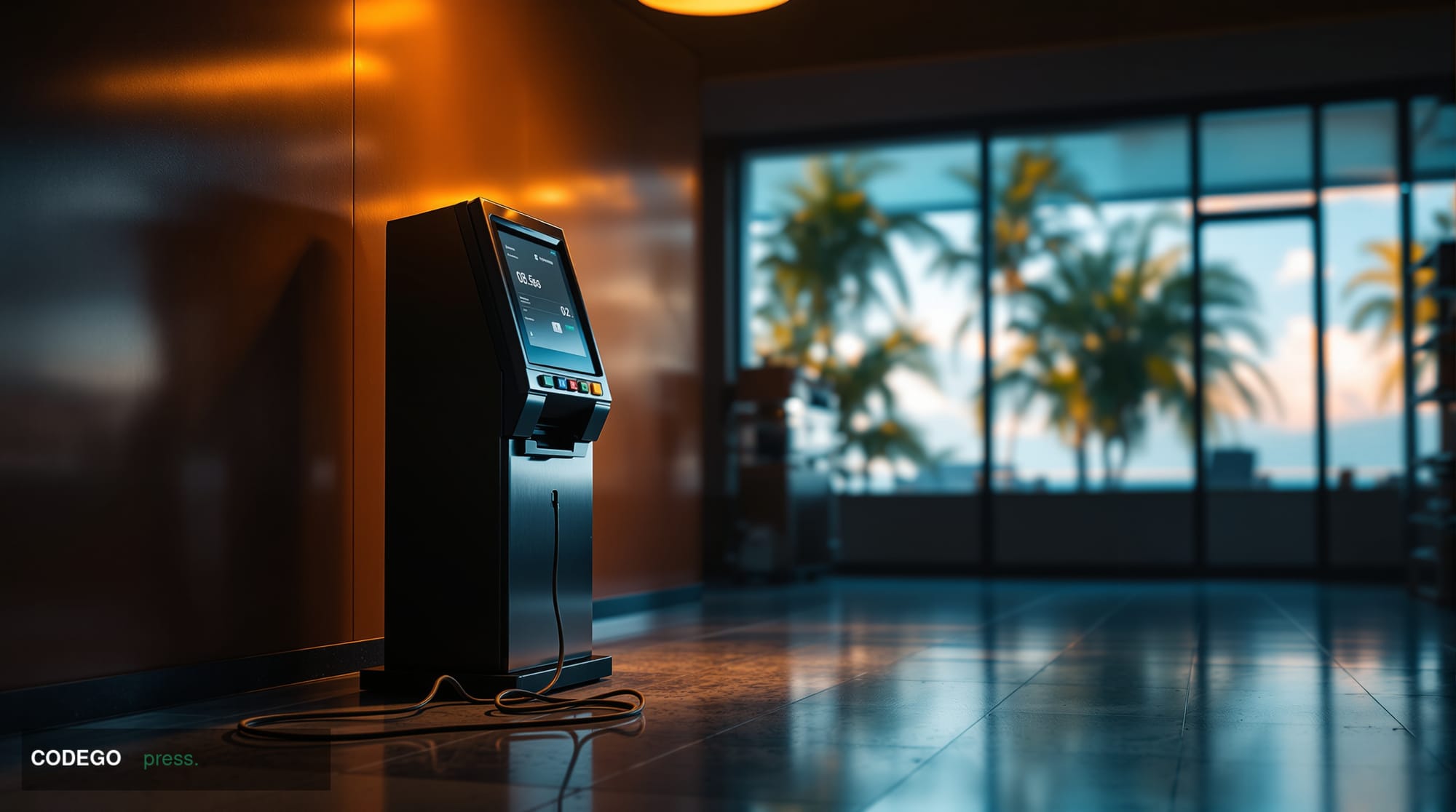A photorealistic editorial photograph of a decommissioned cryptocurrency kiosk machine standing alone in the corner of a diml