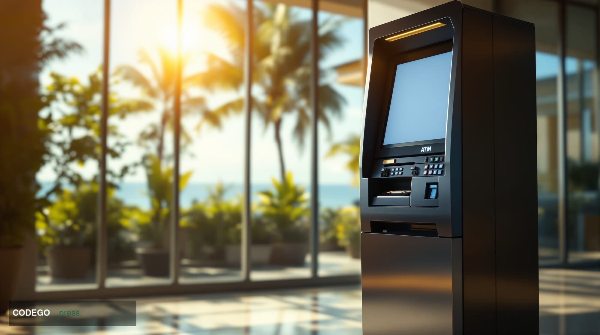 A cinematic editorial photograph of a standalone cryptocurrency ATM kiosk situated inside a sunlit Hawaiian retail environmen
