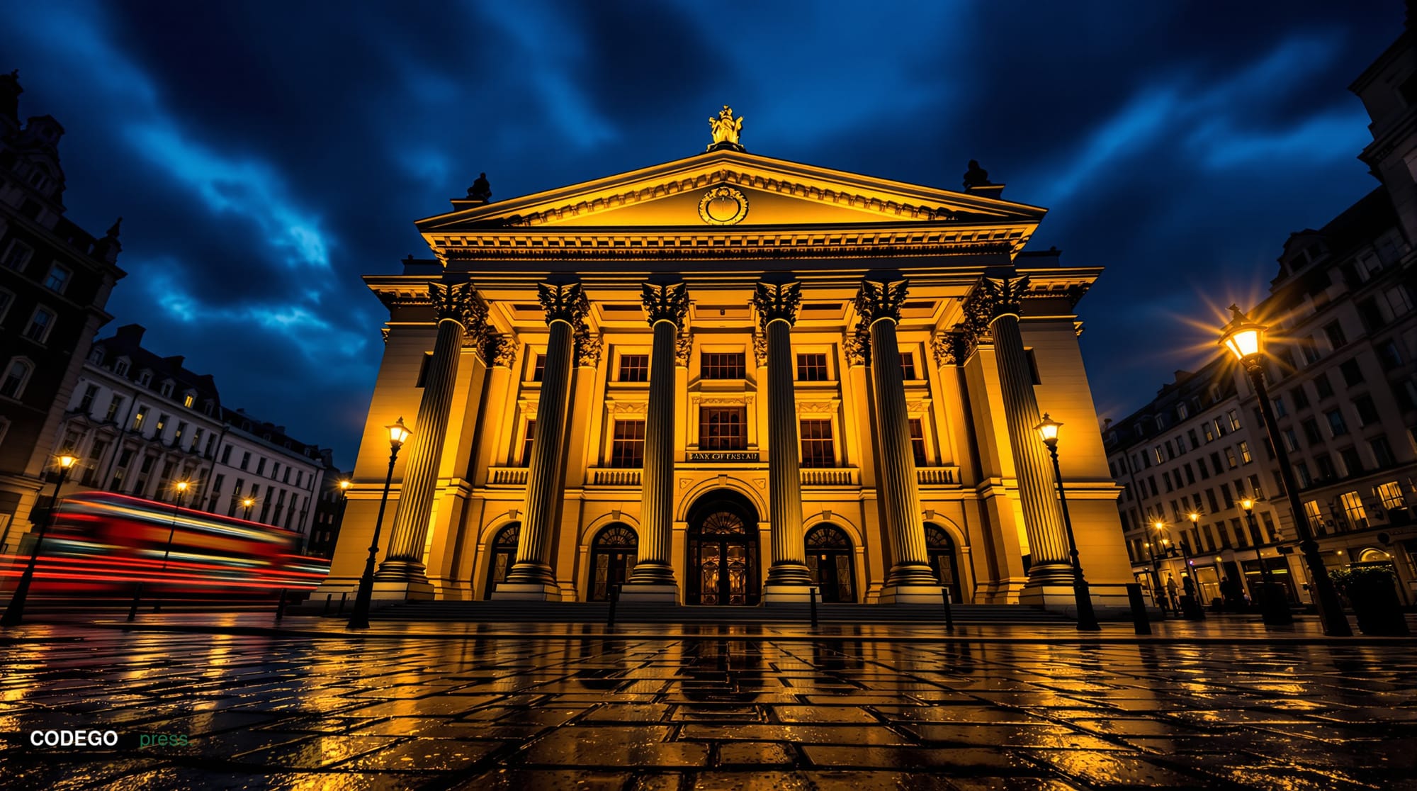A dramatic wide-angle cinematic shot of the Bank of England's neoclassical Portland stone facade on Threadneedle Street in th