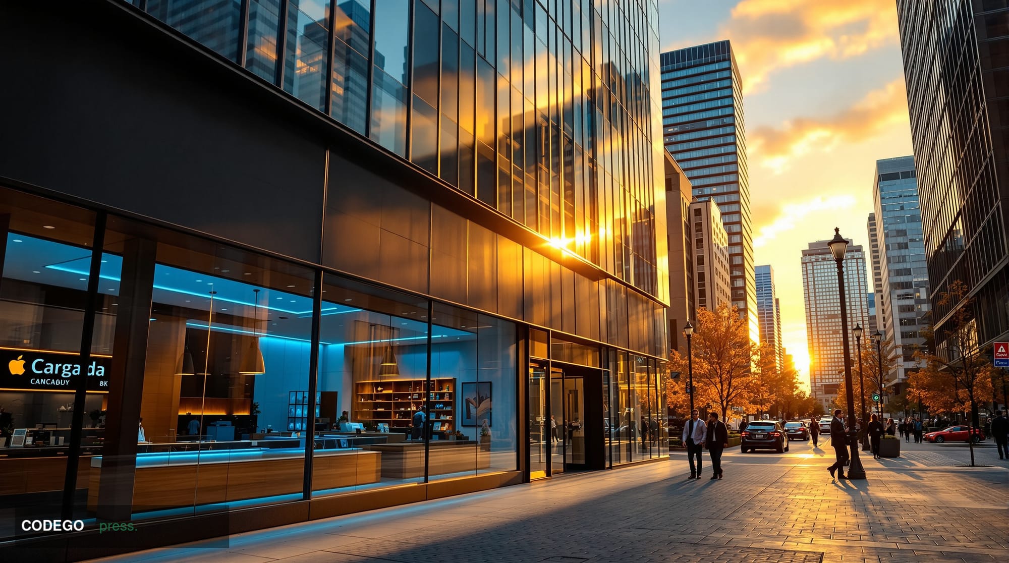 A cinematic editorial photograph of a modern Calgary downtown financial district streetscape at golden hour, viewed from a lo