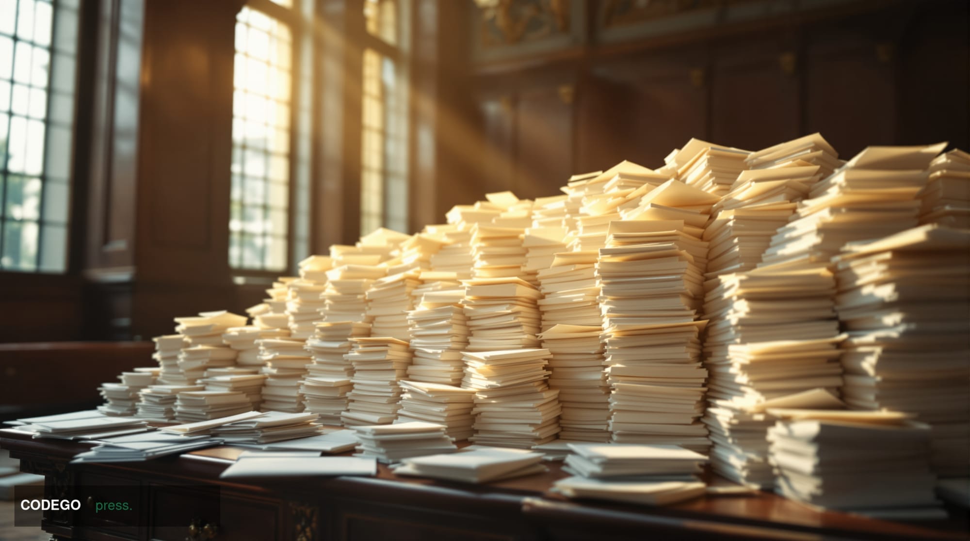 A photorealistic editorial photograph set inside a grand British governmental stone building interior, warm amber afternoon l