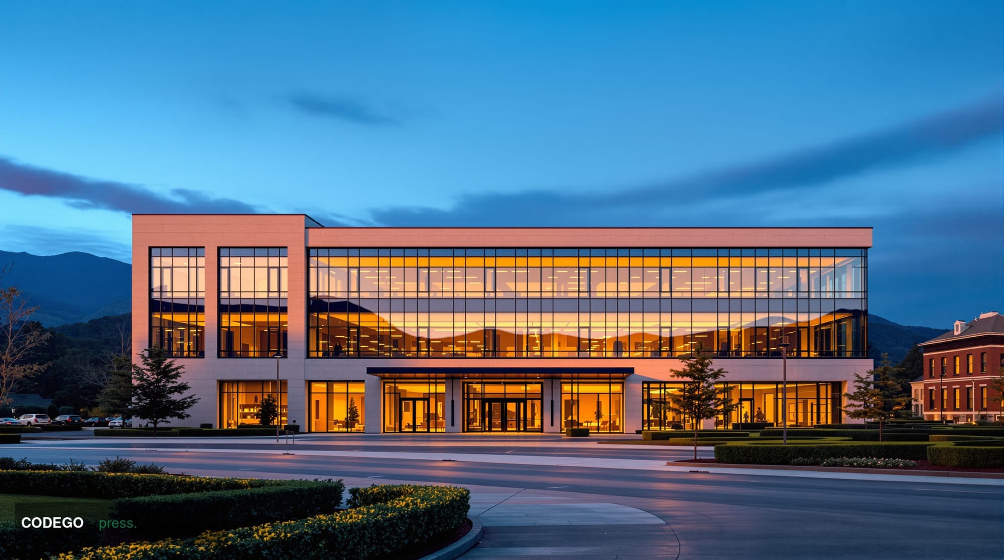A dramatic wide-angle cinematic editorial photograph of a stately regional bank headquarters building in the Blue Ridge Mount