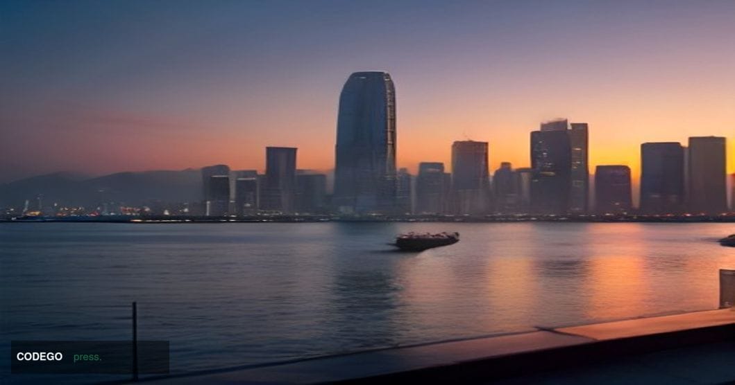 A cinematic editorial photograph of Hong Kong's Central financial district skyline at dusk, shot from the harbourfront promen