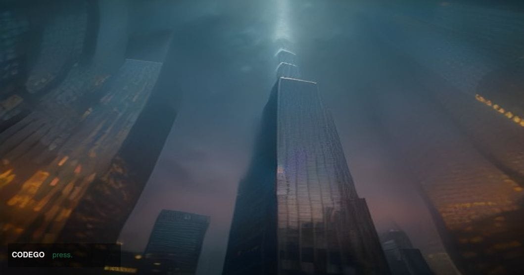A dramatic cinematic editorial photograph set in Hong Kong's Central financial district at dusk, shot from a low angle lookin