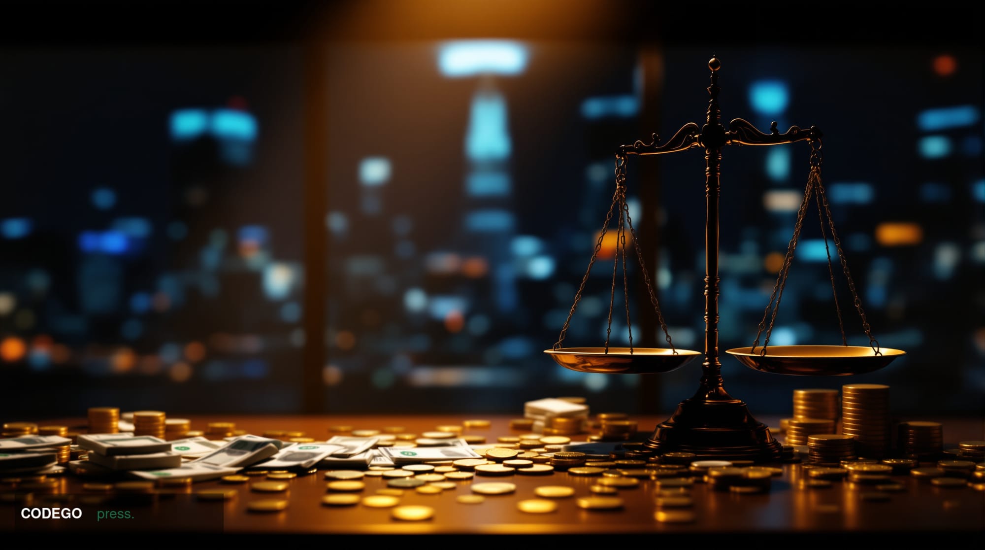 A dimly lit, high-ceilinged financial trading room interior shot from a low angle, with a single shaft of amber light cutting