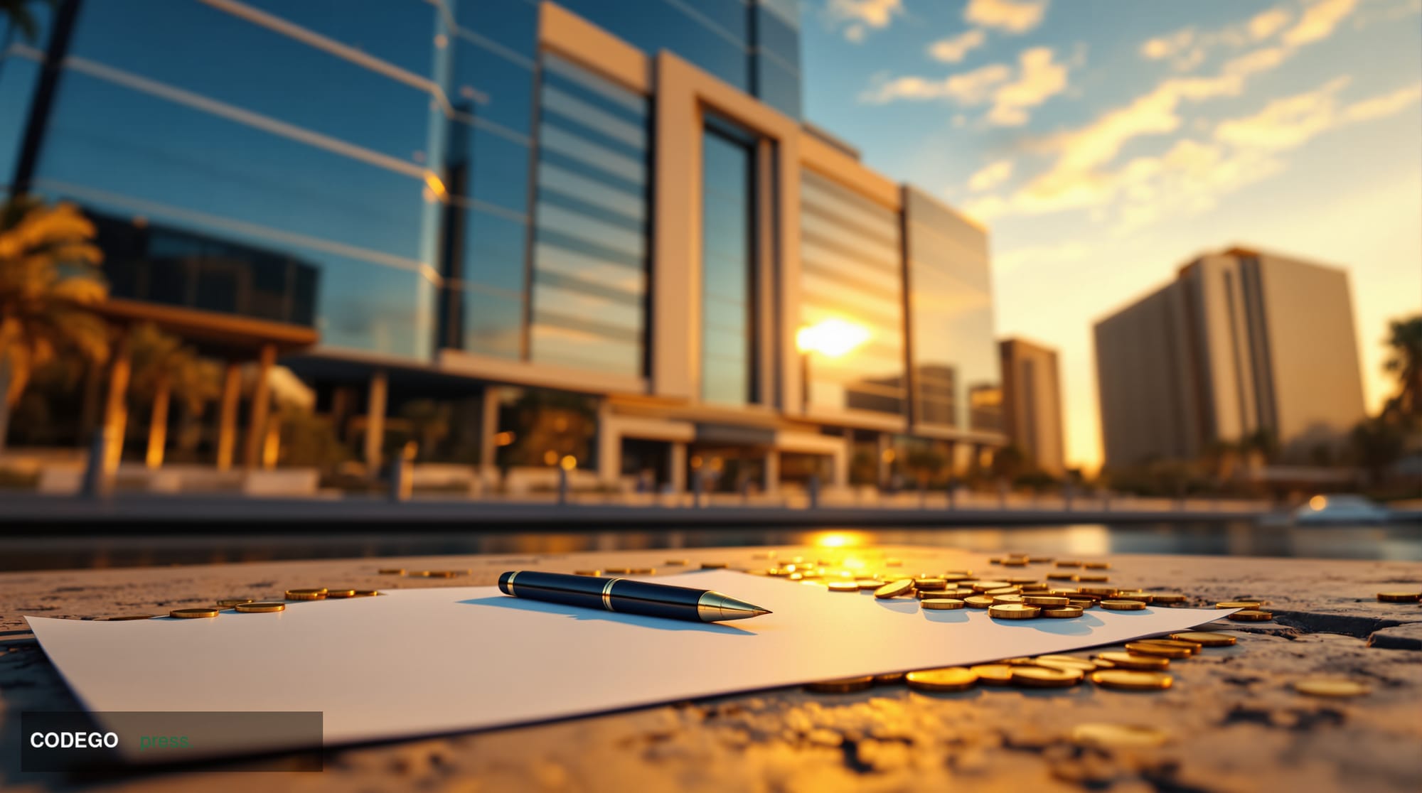 A cinematic editorial photograph of a grand Egyptian financial district exterior at golden hour, with a monumental modernist 
