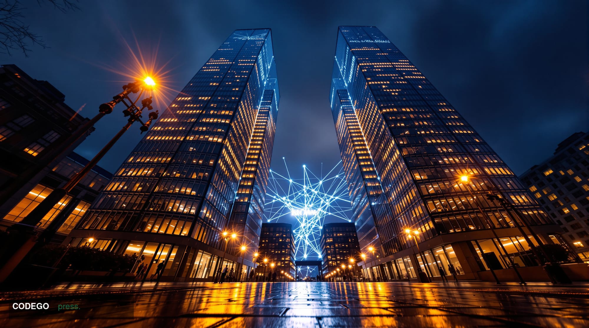 A cinematic editorial photograph shot from a low angle looking upward at two monumental glass-and-steel bank towers in the Ci