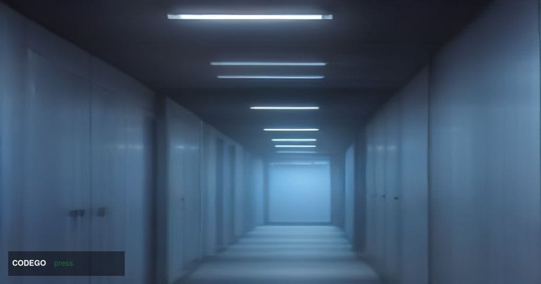 A dramatic cinematic editorial photograph of a high-security corporate data center corridor in San Francisco's tech district,