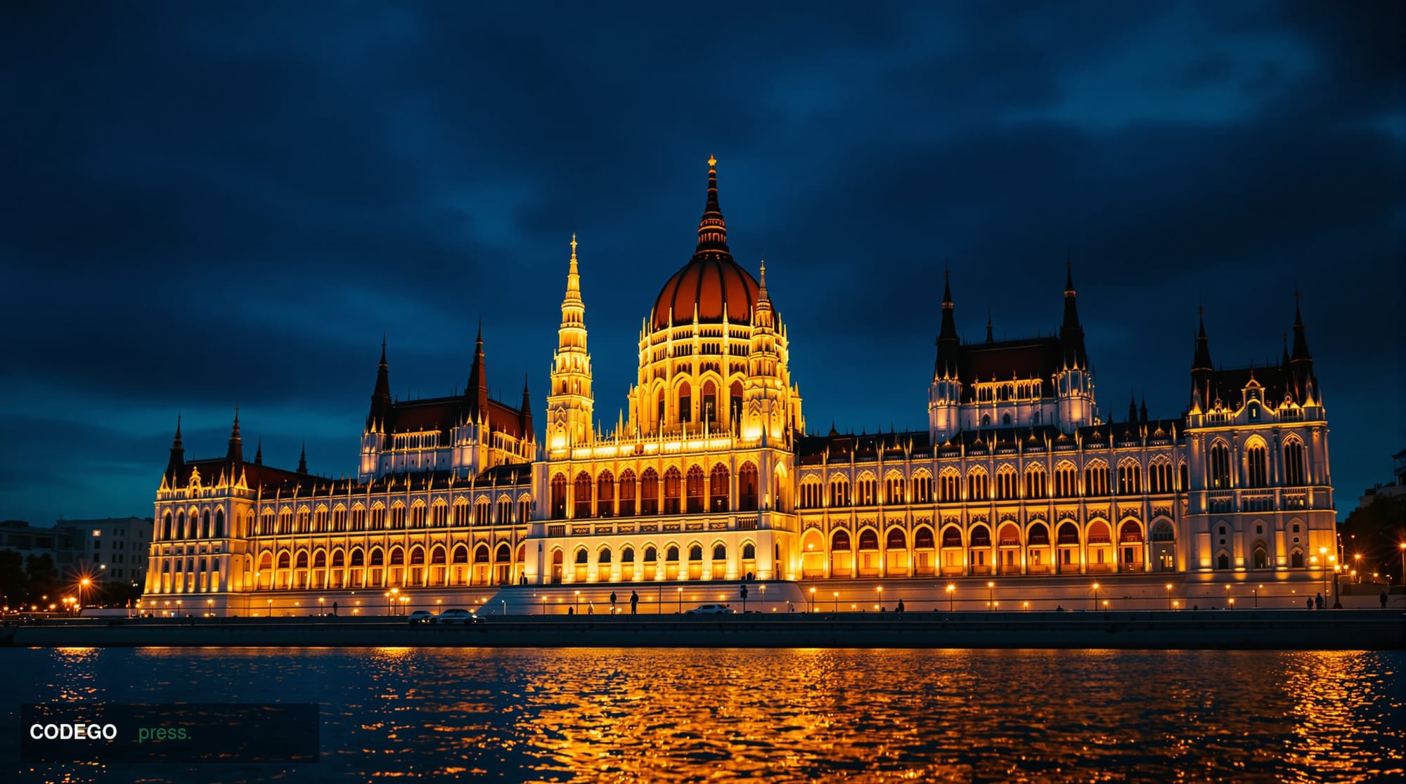 A dramatic low-angle cinematic photograph of the Hungarian Parliament Building in Budapest, its neo-Gothic limestone façade a